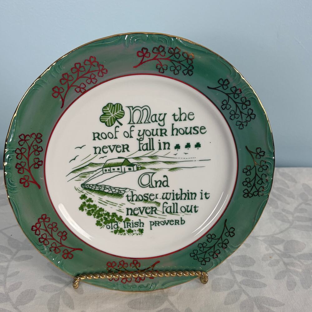 Vintage Irish Proverb Plate Shamrock Green Gold Rim Premier China Irish pride